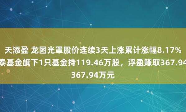 天添盈 龙图光罩股价连续3天上涨累计涨幅8.17%,国泰基金旗下1只基金持119.46万股,浮盈赚取367.94万元